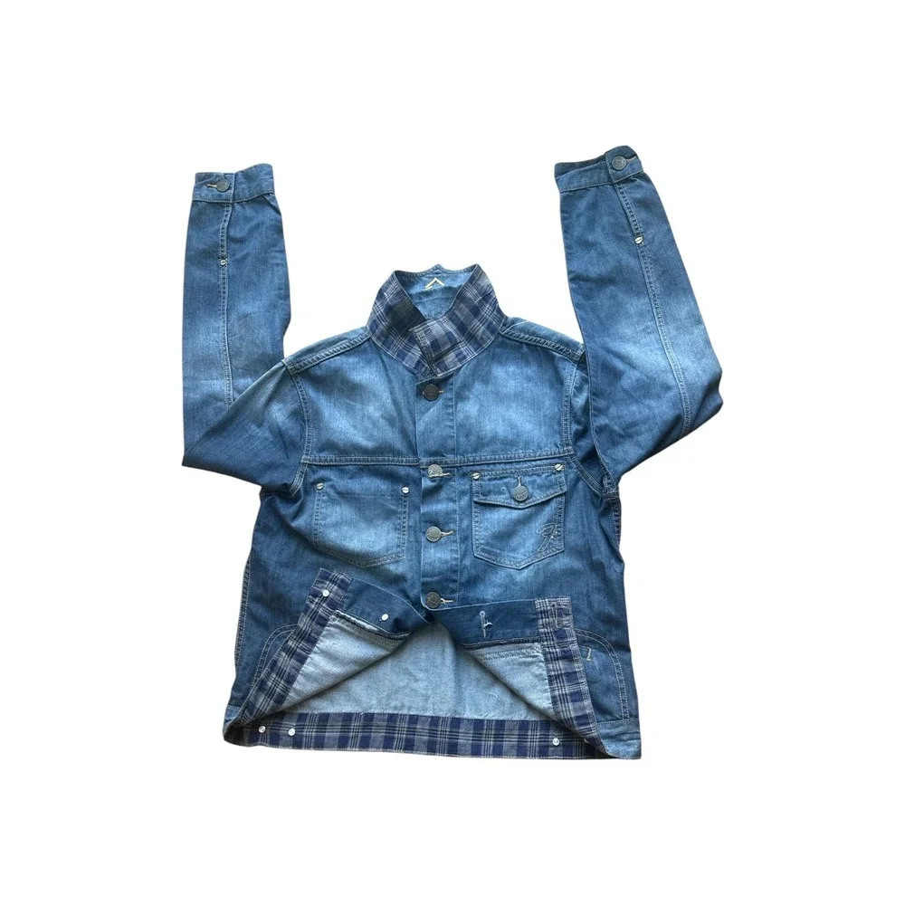 Fender Denim Jacket Mens Medium Wash Blue Plaid Lined Trucker Jacket Embroidered